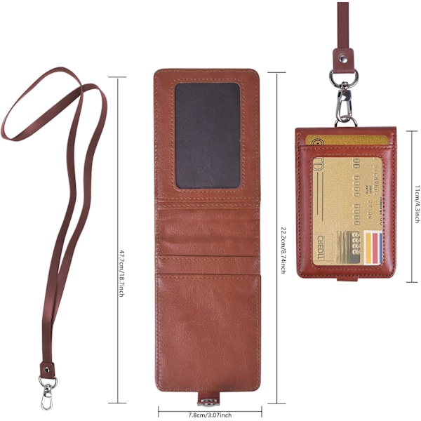 Brun - ID-kort holder med snor Vertikal læder ID-badge