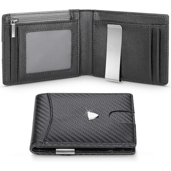 Plånböcker för män Rfid-blockering med pengarklämma, dubbelvikt slimmad plånbok för män med myntficka, kreditkortsfack, ID-fönster（svart）