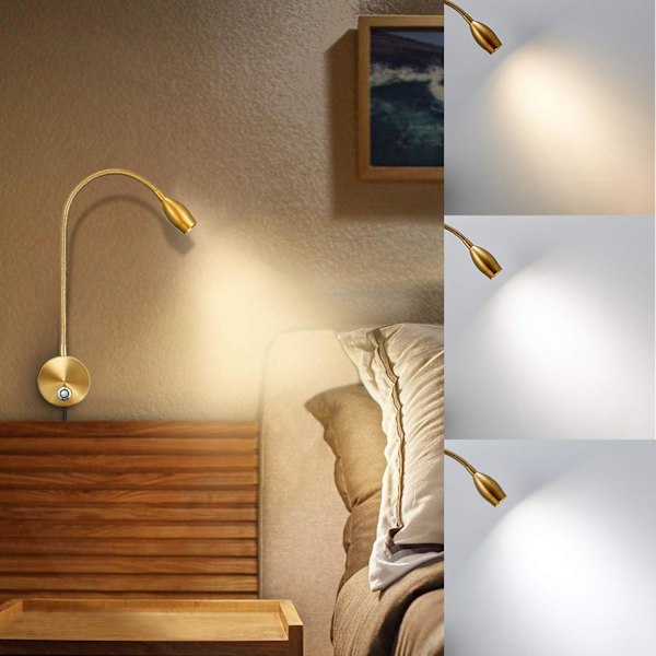 Dimbara LED-läslampor, väggmonterade sänglampor, flexibel svanhals med touch-dimmer, 3 färglägen, 2-pack
