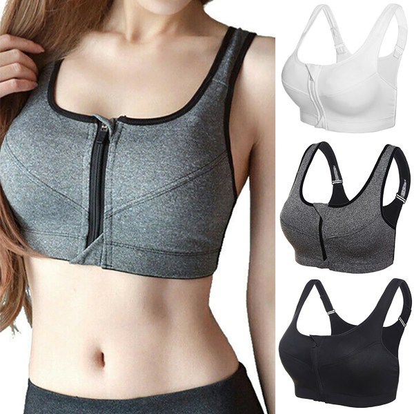 Kvinners Front Zipper Gathered Sexy Sports Bra Grå Grey 2XL