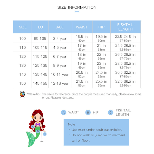 9-delt sett med havfruefinne, badedrakt og prinsessebikini, inkludert monofinne MY08 MY08 100