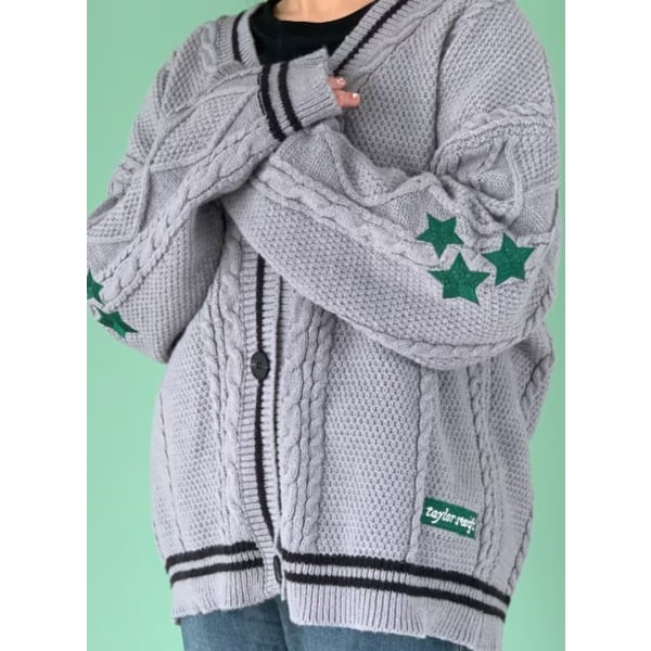 Taylor Swift Star Folklore Cardigan Stjernebroderet Oversized Strikket Nedefra-og-op Sweater Grå Grey S