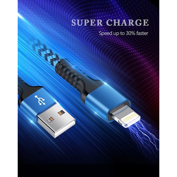 Kort iPhone-opladerkabel, USB A til Lightning-kabel 1FT/2 stk. Flettet hurtigopladningsledning Datakabel