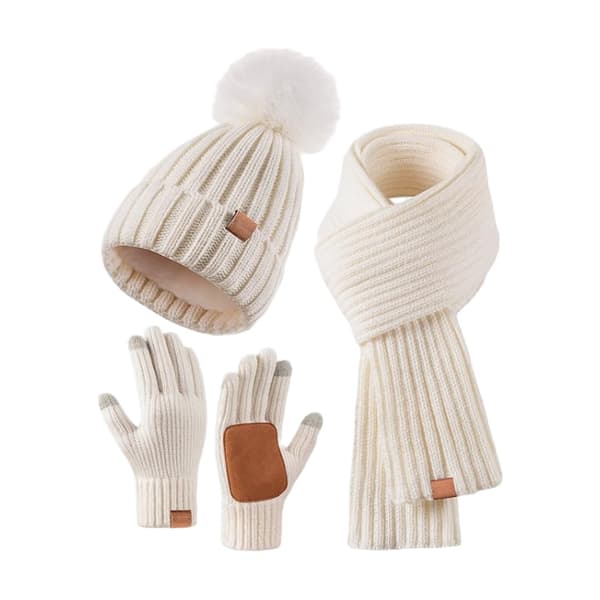 Stickad Vintermössa, Halsduk och Handskar Set | Varmt 3-Dels Set för Kallt Väder *Vit* White