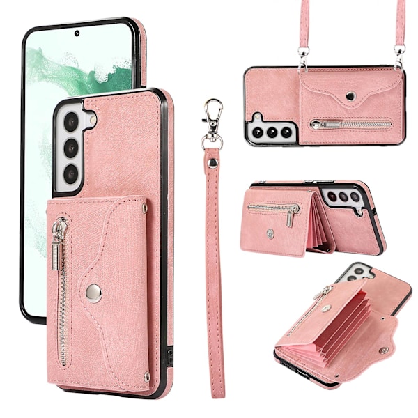 Telefonfodral för Samsung Galaxy S22 5g med stativ, RFID-blockering, kortfodral, PU-läder + TPU-skal Rose Gold