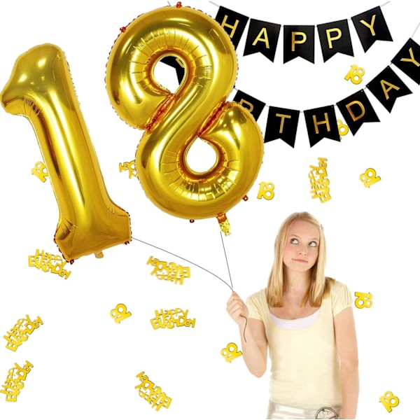 18 års sort guld fødselsdag pynt, tillykke med fødselsdagen banner, h