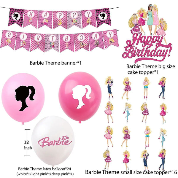 Barbie födelsedagsfest dekorationer Happy Barbie docka prinsessa tema bordsartiklar festtillbehör koppar tallrikar ballonger för barn flickor（12 tum，1 set 1）