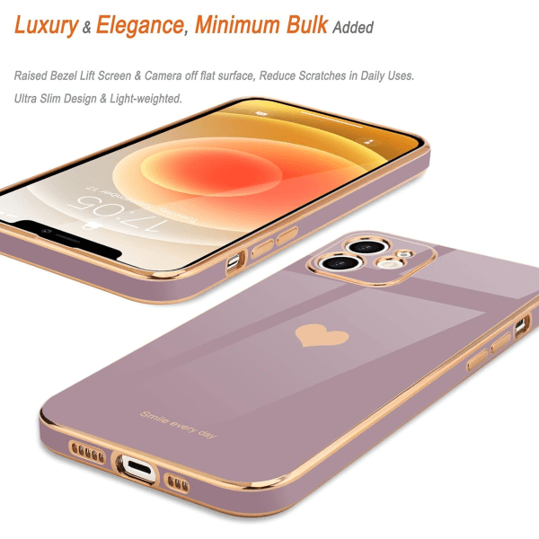 IC Kompatibel med iPhone 12 Skal för Kvinnor Flickor Söt Kärleks-Hjärta Lyx Bling Mjukt Skal Fodral för iPhone 12, Lavendel