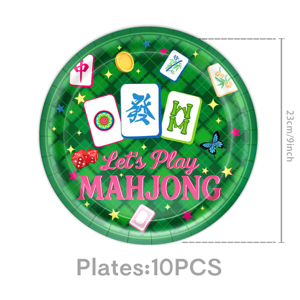 Mahjong-temafest Engangsservisesett med vimpelbanner, papptallerkener, kopper, servietter for bursdagsfeiring 9pcs