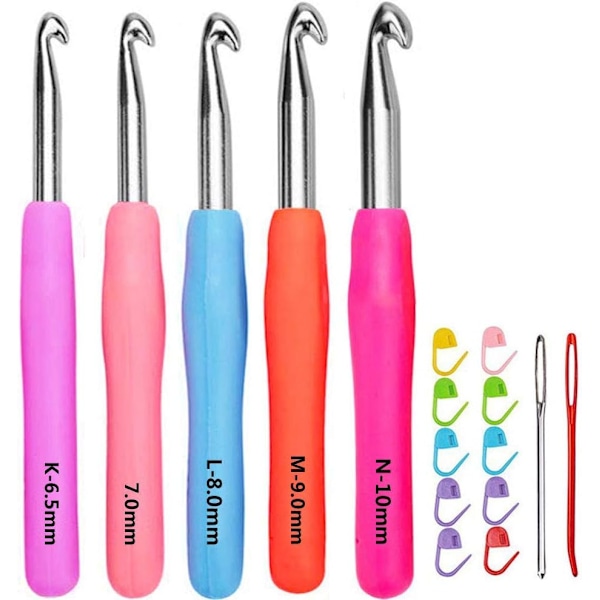 Storlek 6,5 mm 7,0 mm 8,0 mm 9,0 mm 10,0 mm virknålsset ergonomiskt grepp mjukt handtag aluminium virknål storlek KLMN/P i fodral
