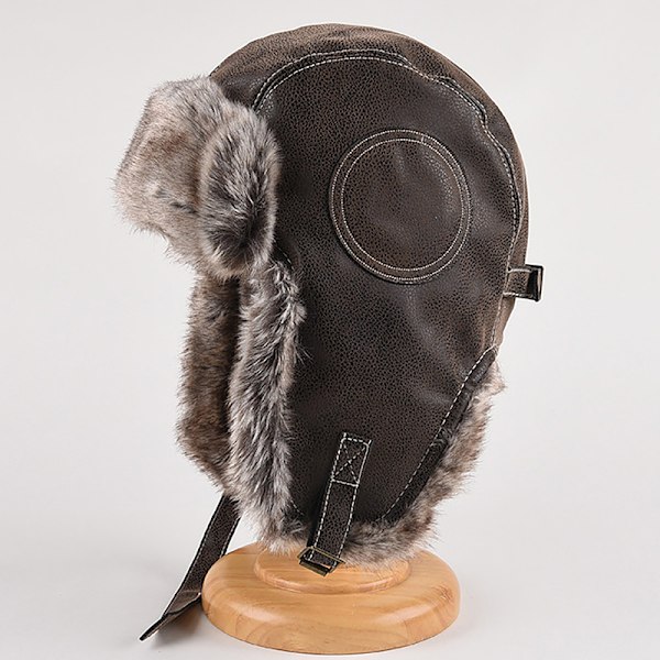 1 stk Vinter Ushanka Hat til Mænd Kunstig Pels Læder Sne Hat Med Øreklapper Black