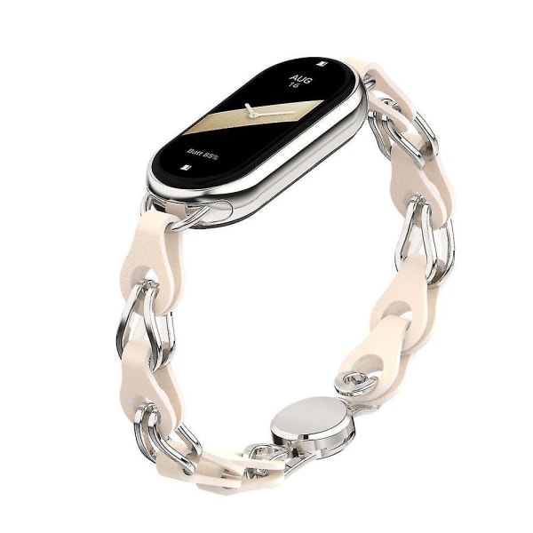 För Xiaomi Smart Band 8 Magnetic Watch Band Äkta kolläder + Kedjearmband av aluminiumlegering Starlight