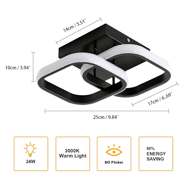 Modern LED-taklampa - 22W kvadratisk taklampa 2300lm för hall sovrum badrum kök vardagsrum - varmt ljus