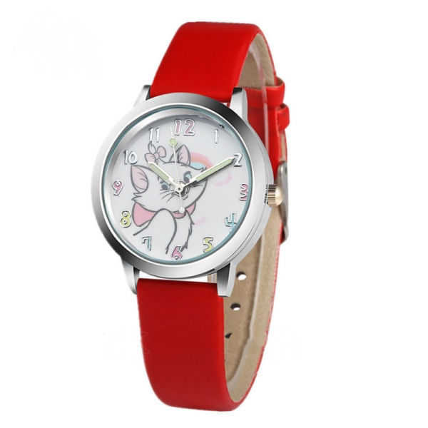 Suloinen kissa Cartoon Watch Kids Nahkaiset kellot Katso Ladies Rannekello Kello Feminino Tyttöjen kellot (Punainen)