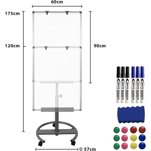 AUFUN FLIP-tavle med hjul Whiteboard 90 x 60 cm med magnetisk tavle Justerbar basishøyde (Shark Premium)