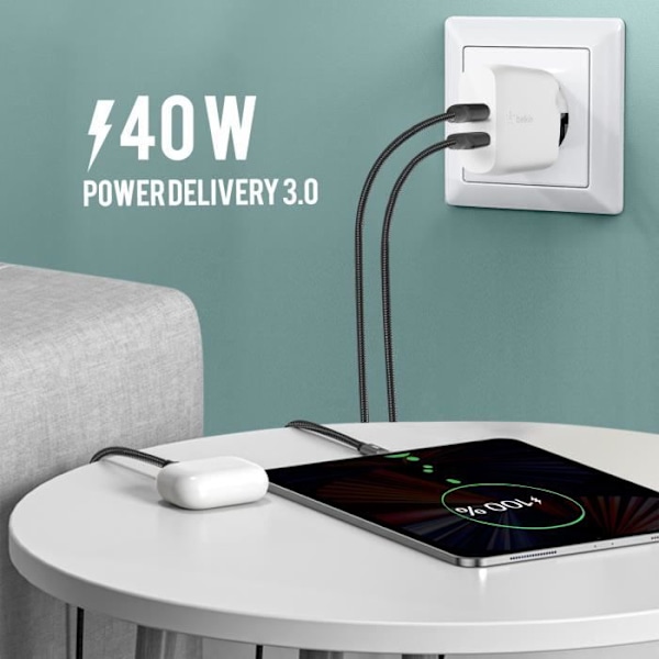 Vegglader Dobbel USB-C Strømforsyning 3.0 40W Kompakt Belkin Hvit