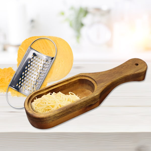 Parmesanrivare i rostfritt stål med behållare och bambuhandtag