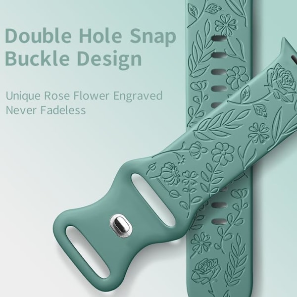 Blomstergravert rem kompatibel med Apple Watch Band 38mm 40mm 41mm for kvinner, erstatningsband for iWatch Series SE 9 8 7 6 5 4 3 2 1, furugrønn Green