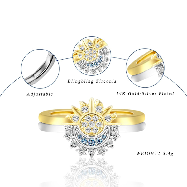 Sol og måne ring sæt stablebare ringe, Valentinsdag gave justerbar himmellegeme smykker matchende ringe som venskabsringe gaver