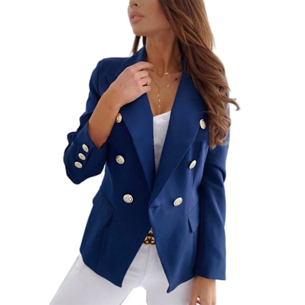 Naisten kaksinkertainen rintapuku Blazer pitkähihainen takki muodollinen liiketoiminta rento Slim Fit takki ulkovaatteet sininen Blue XL