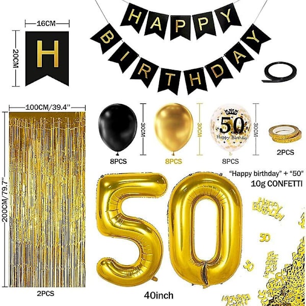 50-års svart guld födelsedagsdekoration, grattis på födelsedagen banderoll, helium ballong siffror 50 Xxl, svart guld frans gardin latex konfetti nummer bordsdekoration