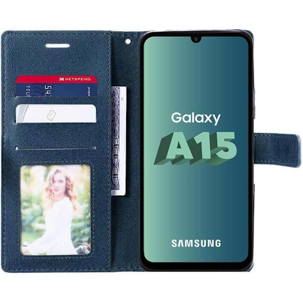 Kotelo Samsung Galaxy A15 4G-5G:lle, iskunkestävä korttipaikalla ja säädettävällä jalustalla, retro nahkajäljitelmä, tummansininen
