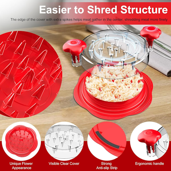 Kylling-Shredder Stor Kyllingbryst-Shredder Værktøj Twist med Børst & Gaffel, Synlig Kød-Shredder Maskine, Anti-Skrid Sikkerhedsstrimmel, Ergonomisk, Kylling (Rød) Red