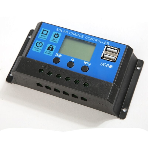 Solcellepanel-laderegulator, 12V/24V, 30A, LCD-display, dobbelt USB-port