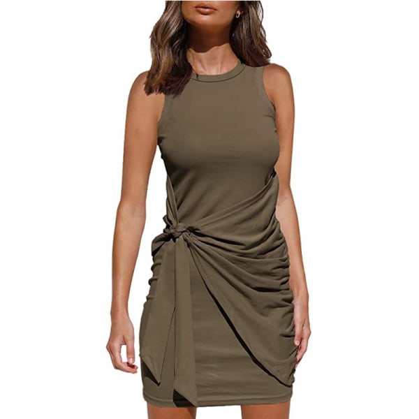 2023 Kvinner Sommer Casual Ermeløs Strand Tank Kjole Bodycon Ruched Mini Kjoler Brun Brun Brown M