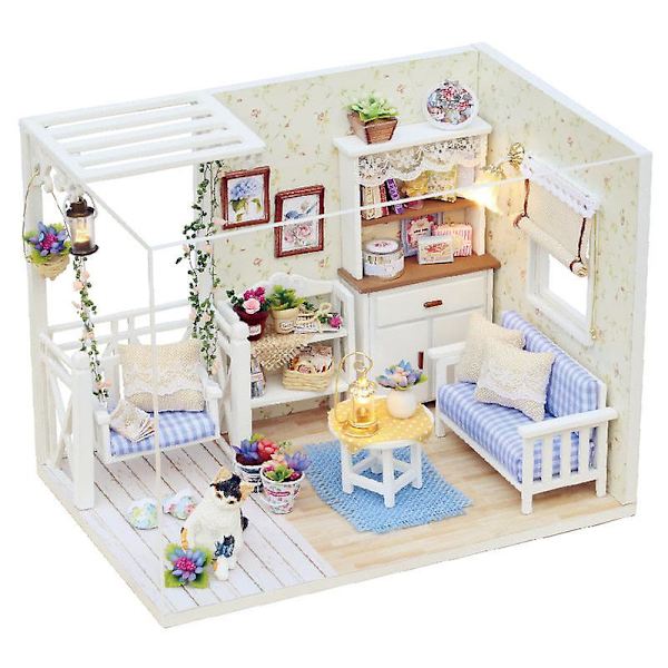 Træhus dukke miniature diy hus kit med låg og led lampe kat dagbog