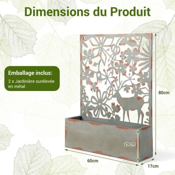 COSTWAY Set med 2 växtväggar med metallspaljé dekorativ blomlåda för klätterväxter, 60x17x80 cm, rost