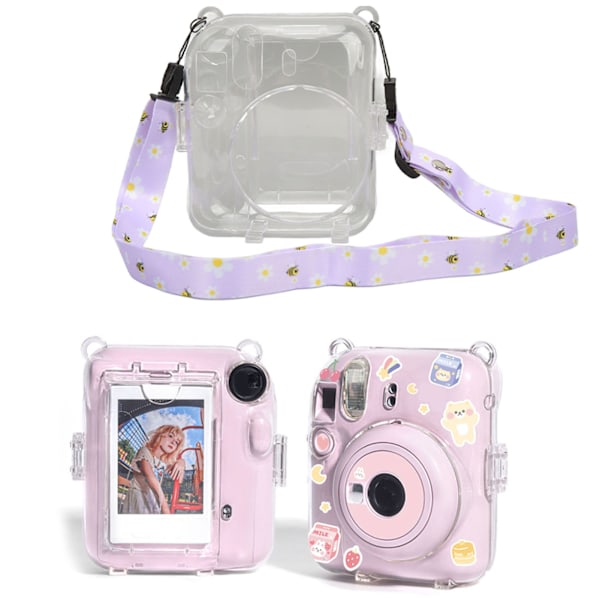 Instantkamerafodral Kit Axelrem Dekal Kamerafodral Hållbart Kameraskydd Transparent Fodral för Instax Mini 12 Lila