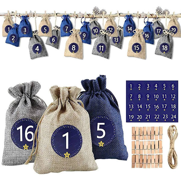 Adventskalender til at fylde, julekalender til at fylde selv, hænge op, 24 stofposer, julegaveposer (blå)