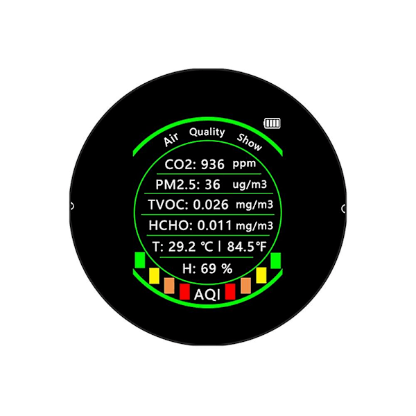 i 1 luftkvalitetsmåler Pm2.5 Co2 Tvoc Hcho Temperatur Koldioxiddetektor Alarm Svart