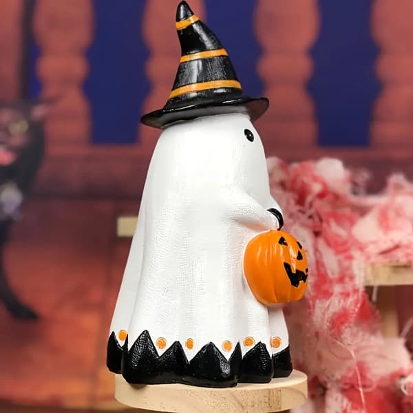 Spøgelse med græskarfigur i harpiks til Halloween, sødt spøgelse med høj hat borddekoration