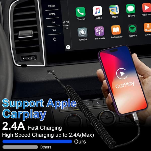 2-pack spiralkabel för iPhone, kompatibel med Apple CarPlay, kort spiralkabel USB till Lightning synkroniseringskabel