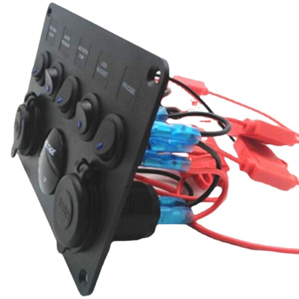 12V/24V ohjauspaneeli, 5 sarjaa keinukytkimiä, 5V 4.2A kaksois-USB-laturilla, vedenpitävä LED-jännitteenmittari punainen