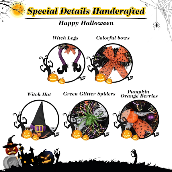 Halloween Dekorationer, Halloween Krans 2 stk, Halloween Hexe Krans Sort Krans med Hat Hexe Ben Græskar, Indendørs Udendørs Hjem