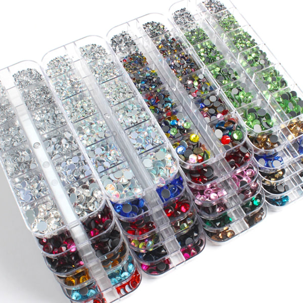 Hot Sale Nytt Sett 1200stk 12 rutenett bokser Krystall Rhinestones Hotfix ss6-ss30 blandet størrelse Glitter Glass Rhinestone Strykejern-på perle Strass