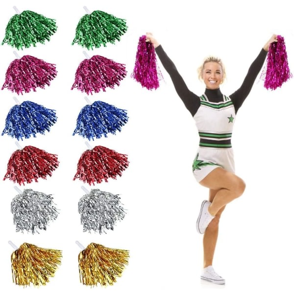 12-pack Cheerleader Pompoms (Blandade färger) Tjej fluffig med metall