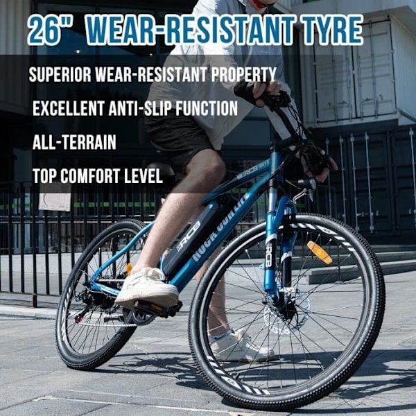 RCB Elektrisk Cykel E-cykel 26\" - 7 hastigheder Max 25km/t - Aftageligt batteri 36V 12 Ah 250W - Elektrisk Assisteret Cykler RK15-Blå