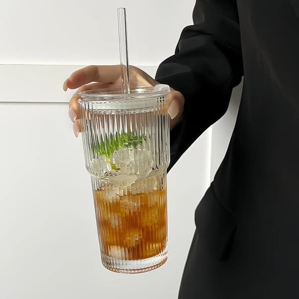 Glasmugg 600ml med lock och sugrör – Kaffe Juice Dricksglas Set Återanvändbar Dryckesmugg