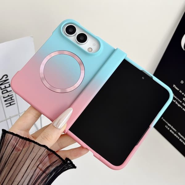 iPhone Duo Sammenleggbart Deksel, Støtsikkert Magnetisk Telefondeksel med Flytende Gradientdesign, Beskyttende Dobbeltskjermdeksel Blue-pink