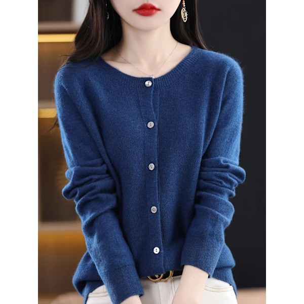 Addonee Dametrøje i 100% Merinould, K Cashmere, Rundhals Cardigan, Raglanærmer, Klassisk Strik, Ensfarvet, Basic, Havblåt Havblåt SeaBlue M