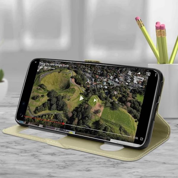 Huawei P40 Etui Dobbelt Vindue Beskyttelses Stativ Funktion - Gylden Gul