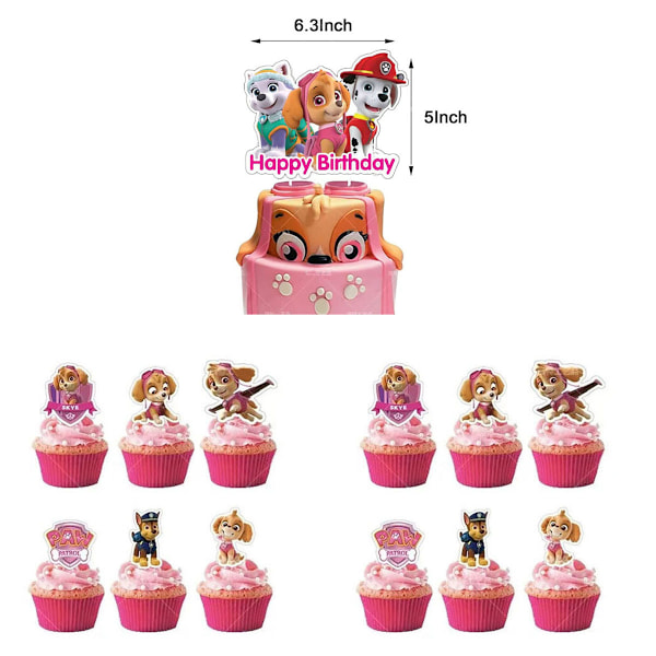 26 st hundtårta toppers för flickor, födelsedagstårta toppers, cupcake-insatser, bakade dessertflaggor för Paw Patrol-temafest rosa L