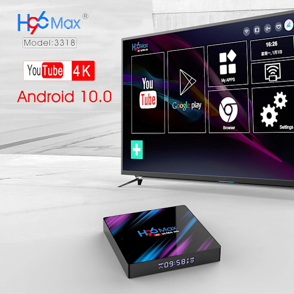Android 10.0 H96 Max TV Box 4GB RAM 32GB ROM, Penta-Core Mali-450, RK3318 Quad-Core 64bit Cortex-A53, H.265 Dekodning 2.4GHz/5GHz WiFi Smart TV Box EU EU 4GB/32GB