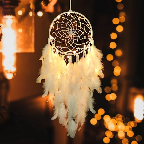 LED Drømmefanger til Børn Vægklistermærke Hvide Fjer Drømmefanger med Lyse Perler Boho Dekor Vævet Kunst Ornament Håndlavet Gave til Børneværelse Hængende