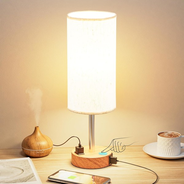 Sängbordlampa för sovrum - 3-vägs dimbar touchlampa med USB-C laddningsportar och AC-uttag, rund bas med linnetygsskärm för vardagsrum, skrivbord