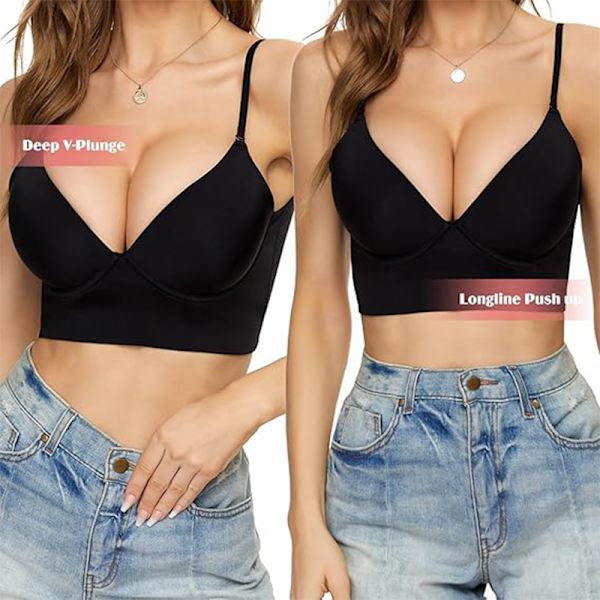 Lav Ryg BH til Kvinder Push Up Dyb V-Hals Rygløs BH Sort[qb] Black M